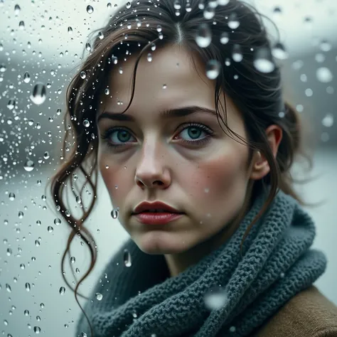 portrait of a woman through glass covered with raindrops, the woman looks sad, color photo