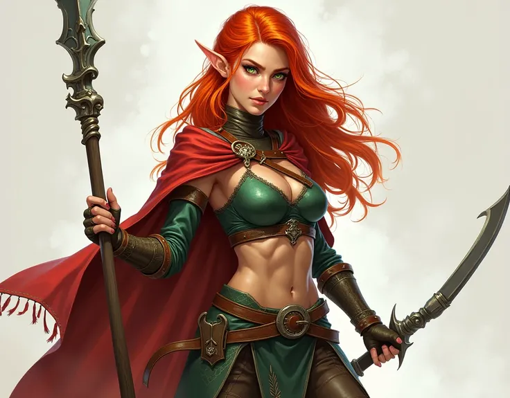 full height, legs, feet, refer of the character sheet, concept art art red -haired female elf rogue with a staff, tanned