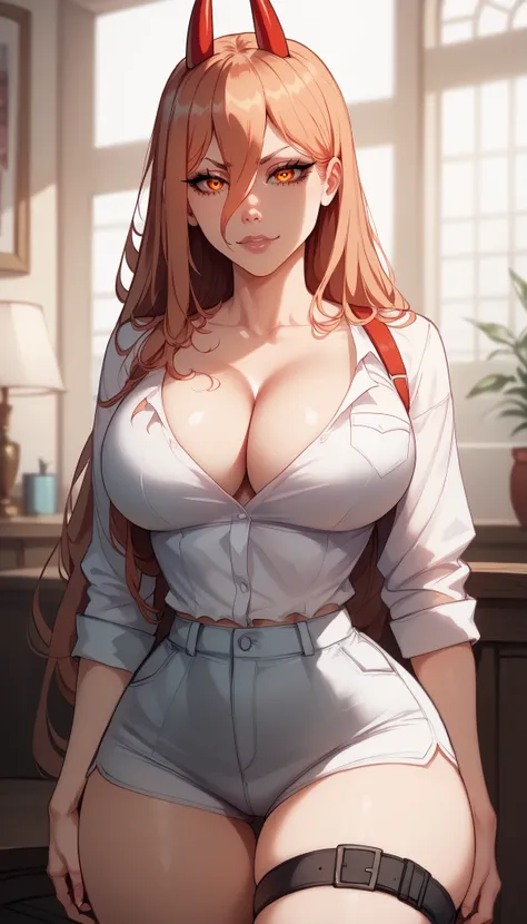  perfect eyes、 perfectly sexy face、 ultra detailed 、ultra perfect eyes、Power、Chainsaw Man、 shiny hair 、( Big breasts ), showing cleavage、 tight waist 、 thin waist 、 Thigh straps 、 shiny skin、Beleza、erotic、 looking at the viewer 、Power de Terno、