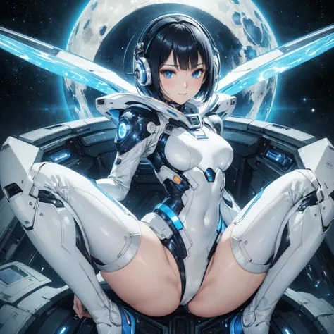 (masterpiece、 top quality、 highest resolution、 clear_image、 Detailed Details): (Whole body、A 20 year old girl、Japanese Faces、 small face、 slender、 dark blue super short bob cut hair、(Hidden small breasts:1.3)、 Sparkling Blue Eyes 、Shiny pilot suit in white...