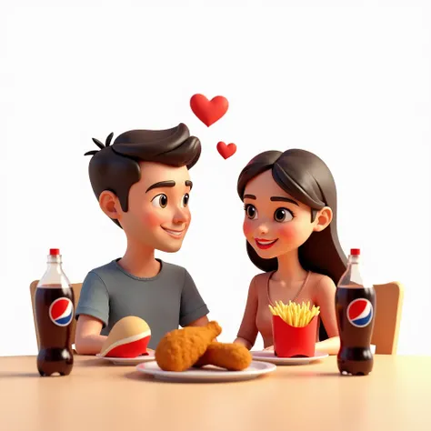 Hyperrealistic 3D cartoon style for Valentines Day. A man and a woman sitting at a table. A plate of fried chicken and fries on the table with two Pepsi. White background.