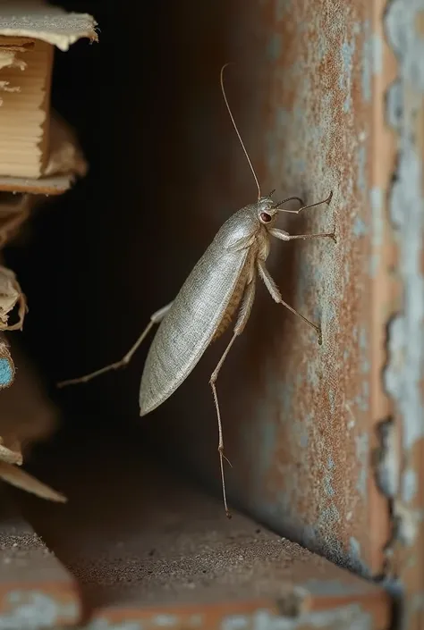 A Lepisma saccharina, also known as the silverfish moth, crawling on an old wooden surface or in the corner of a baseboard inside a home. The insect is small, with an elongated, segmented body covered in shiny silvery scales. Its long, thin antennae extend...