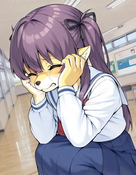 anthropomorphic furry girl in school uniform is crying in school hall, full hd resolution, photorealisic, detailed school background, hands on face and snout