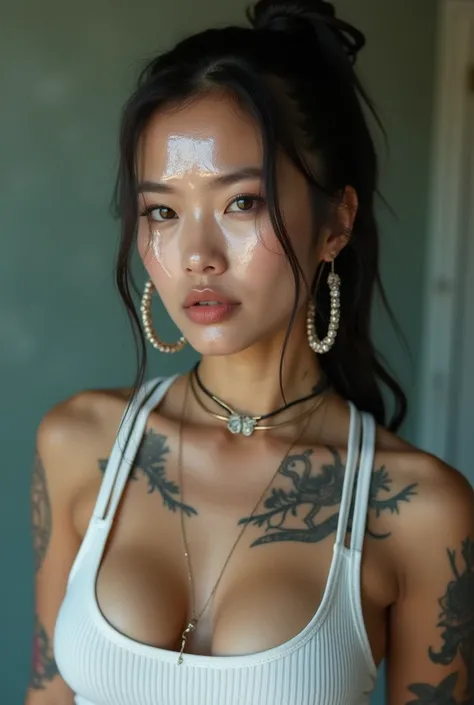  Gorgeous Asian woman, huge breasts, hoop earrings, ponytail that is braided, tattoos on chest, arms, neck, white ribbed tank top. One eye closed cause its covering in thin runny white translucent ooze that is dripping. It is dripping from forehead 