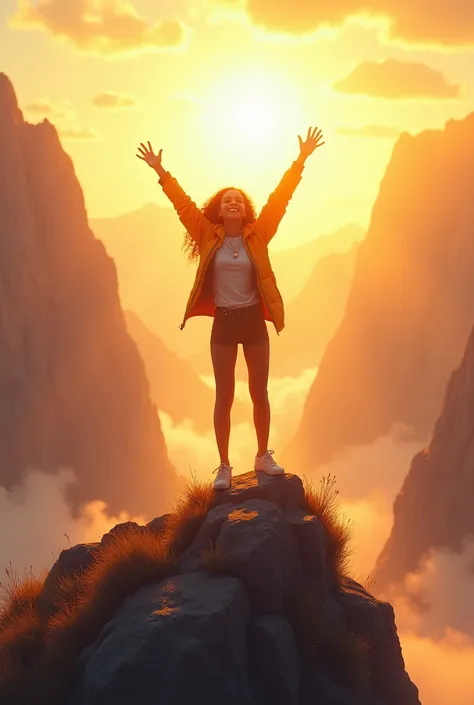 Young little Black girl with abundant sunshine of victory at mountain top