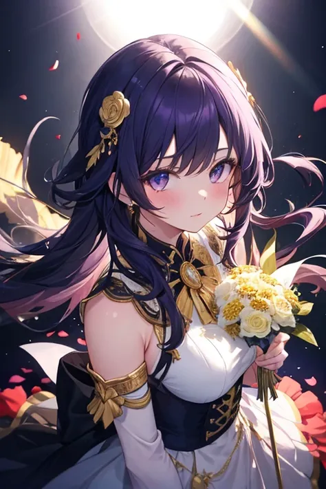 masterpiece, ultra-high quality, high resolution, 1 girl, shoulder-length dark purple hair, golden eyes, wearing a high-collared fantasy court dress, soft white with gold trim, layered design, light fabric with subtle patterns. (One hand is holding a singl...