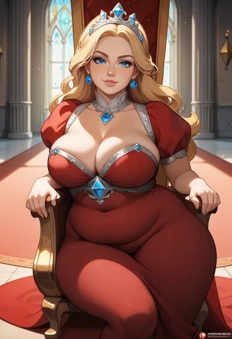 High quality, high resolution, masterpiece, intricate details, 1 girl, solo, beautiful, sexy face, (gorgeous ice blue eyes:1.3), cute nose, freckles, beautiful long blonde hair, straight hair, gorgeous red dress, crown, Princess, chubby, chubby belly, plum...