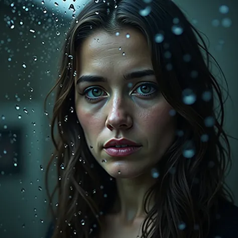 portrait of a woman through glass covered with raindrops, the woman looks sad, color photo