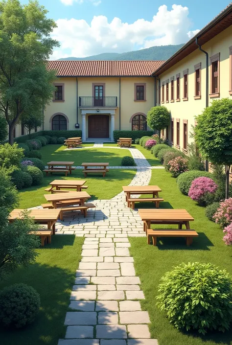  Create an image of the exterior of IC S .  PERTINI - VITTORIO VENETO di Orta Nova  (fg) with garden , ren ,  benches and outdoor furniture necessary for outdoor lessons.