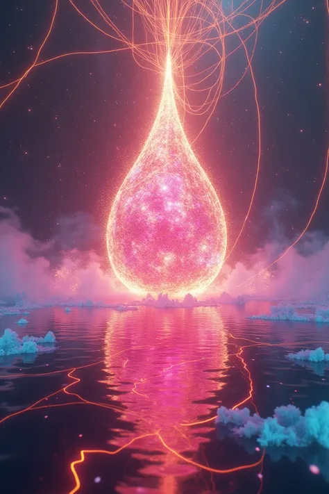  3D image of a parallel universe, strong, fluorescent colors ,  golden lines throughout the image ,  an explosion of crystal smoke ,  a drop that falls and unifies all . 