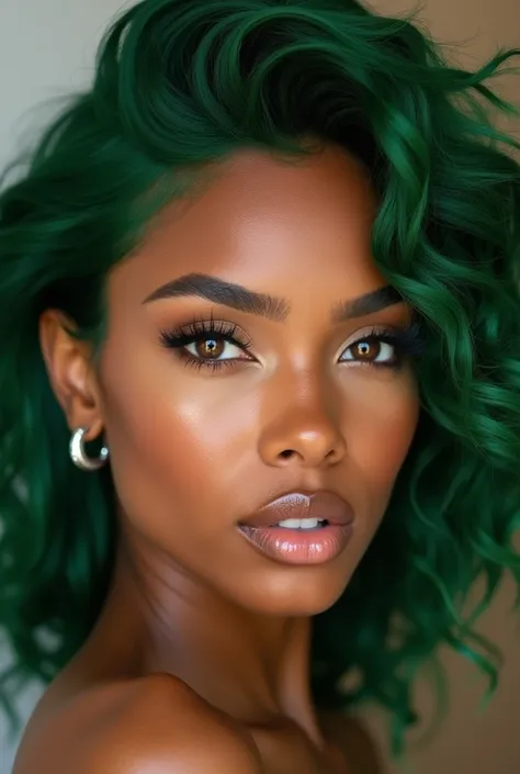 Créez un portrait hyperréaliste dune femme magnifique, inspirée du style dominicain, avec des traits élégants et une aura similaire à la beauté de Jade cargill. Ses cheveux doivent être dun vert éclatant et stylisés avec une touche moderne et glamour. Sa p...