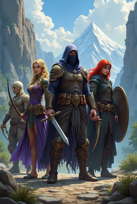 Grupo de aventureiros d&d, male elf with bow and arrow  + Witch in purple clothes  +  paladin with sword and shield + ninja + Elf with red hair 