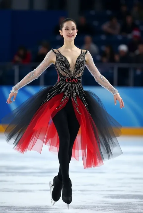 Tenue de patinage artistique ,robe avec col a , robe noir,rouge et blanche ayant un voile pailleter collant sur les bras ,robe descendant mi-cuisse asymetrique,possedant linscription " ESMB" avec un legging en dessous 