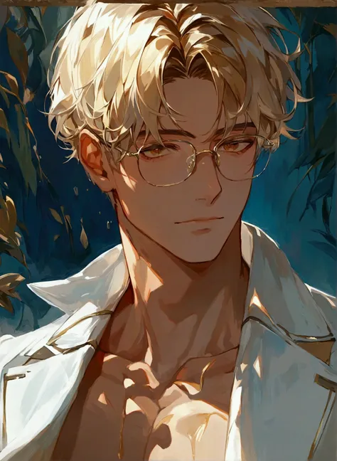 male， upper body，blonde short hair，The buttonhole on the chest of the oil head 。Brown pupils， wearing silver-rimmed glasses 。 wearing a white suit ， dark blue shirt ， shirt with open belly ， Exposed expensive watch on wrist。Handsome fit ， Body firm ，Mature...