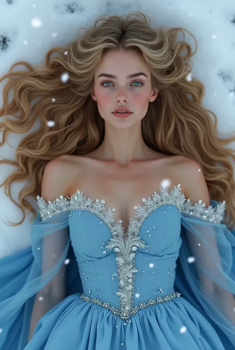 Une belle femme au cheveux long doré et ondulées. Elle a un magnifique visage avec des taches de rousseurs sur le nez et les pommettes, des yeux verts. Elle est allongée sur de la neige. Et de la neige tombe du ciel. Elle porte une robe bleu de princesse.