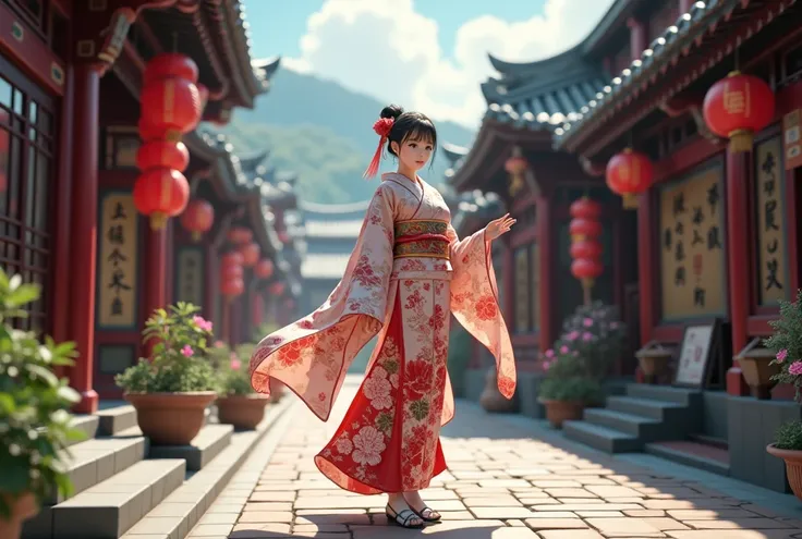 Anime girl in kimono costume walking along the street in a Chinese village,  Japonism 3D 8K ultra detail ,  Complex and Decorative Anime CGI Style ,   Stunning Digital Artwork , palace ， Girl in Hanfu,  traditional Japanese concept art, Anime Style 4k, , A...