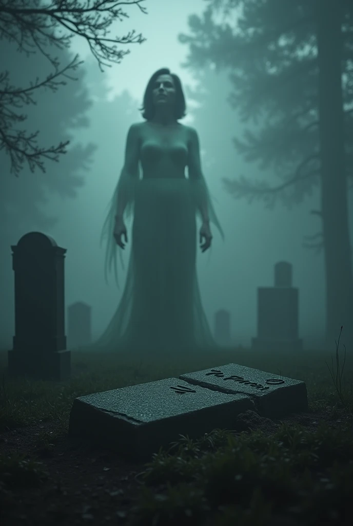 A haunting and surreal scene featuring Nancy Pelosi emerging from her grave, her torn tombstone reading N. Pelosi lying nearby, the scene framed to capture the eerie moment, the composition dynamic with Pelosis ghostly form rising from the earth, the backg...