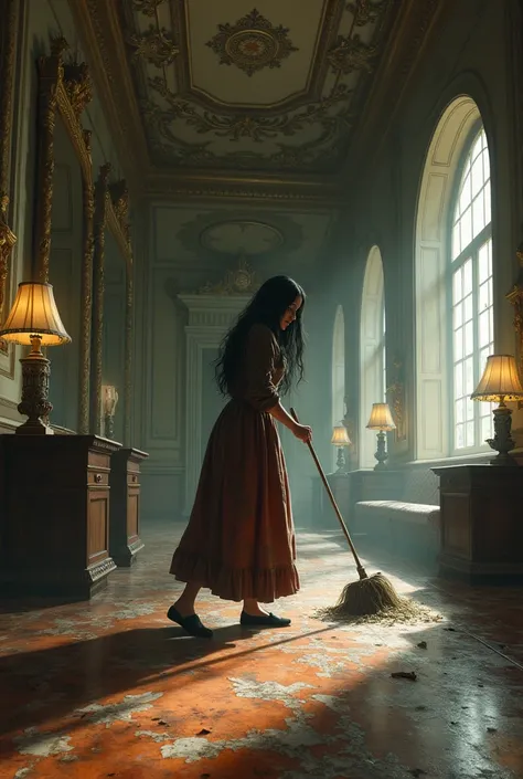  A young woman with long dark hair , dressed in old and dirty clothes ,  she cleans the floor with a broom in a mansion. 