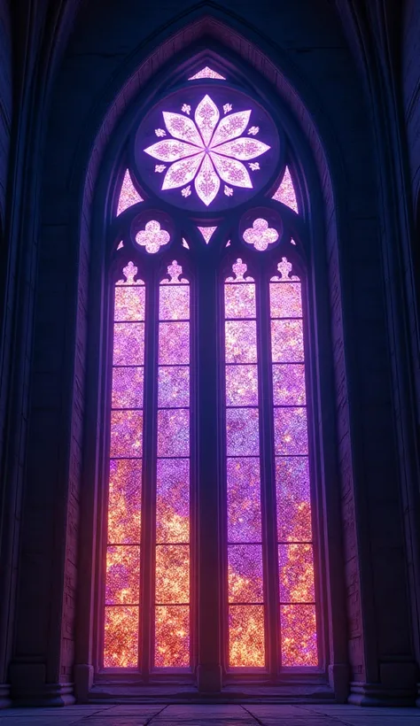 A glowing Gothic-style cathedral window with vibrant purple and orange stained-glass patterns, set against a deep blue backdrop.