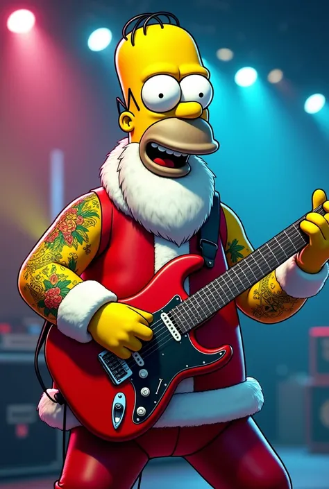 Homer simpson as Santa claus rock tattoo plays eletric guitar