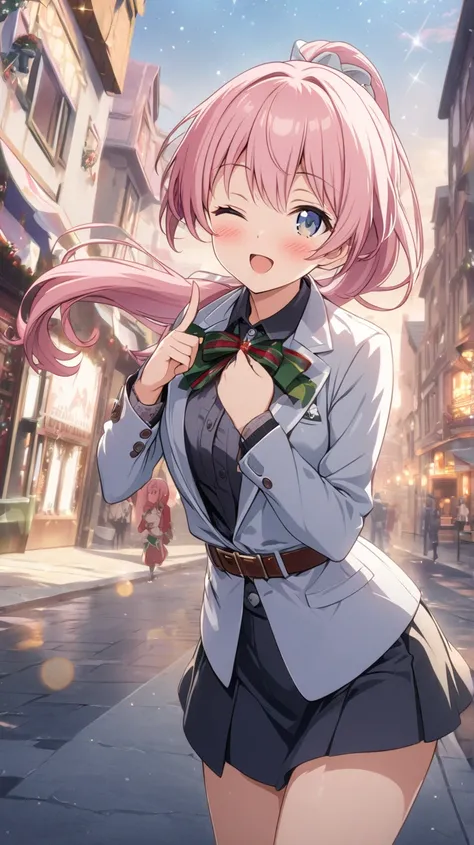 masterpiece、 best quality、 Hi-Res CG Unity 8K Wallpaper 、 high school girl anime illustration 。  1 girl、Nice hands、perfect hand、  pink hair 、 long ponytail、The background is a pale pastel colo赤 landscape. smiles,  blush, Put on a suit、 poster/magazine illu...