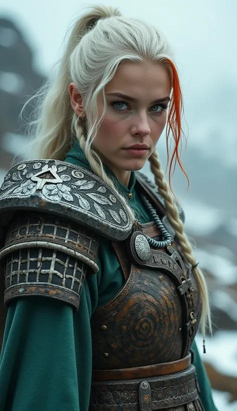 I want a beautiful Viking warrior woman, with hair as white as possible and red streak in it, and emerald green eyes.