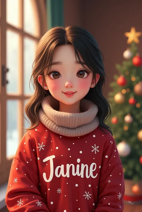 A cute Korean female with a theme of Christmas and on theres a name on her clothes "Janine"