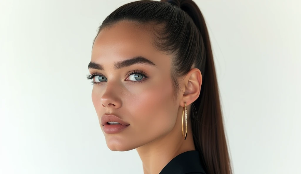 Ultra-realistic portrait of a stunning young woman with sleek hair styled in a high ponytail. The image features dramatic lighting and shadows across the face, emphasizing sharp facial features — full lips, clear blue eyes with detailed lashes, and a perfe...