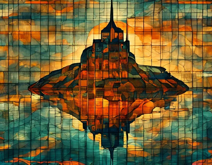 Masterpiece, best quality, high resolution, best composition, dynamic composition, Zentangle style, abstract landscape, Mont Saint-Michel landscape at dusk, silhouette of Mont Saint-Michel reflected on the water, orange sky and clouds at dusk, view of buil...