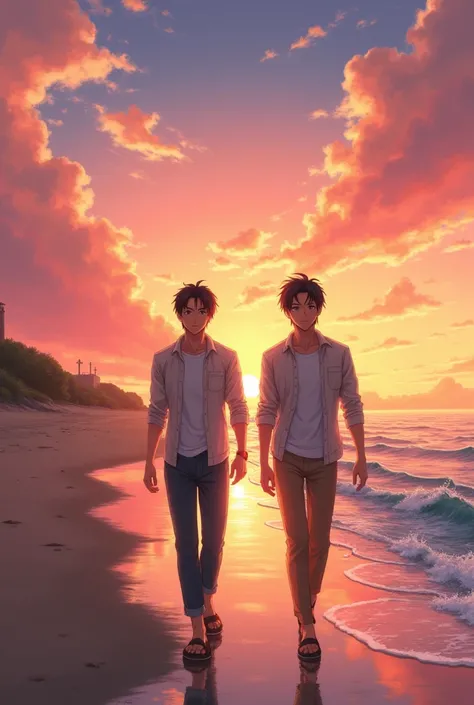 Fiction cover Men, Asian Japanese women, very handsome women and very cute women. Just two men walking by the sea in the evening. Anime picture Yourname