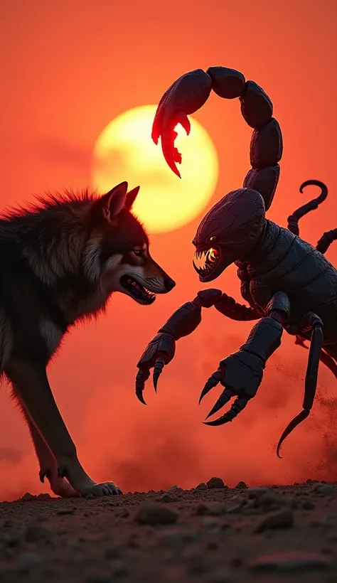 "Create a high-intensity image where a scorpion and a wolf stand facing each other in a dramatic desert setting under a blood-red sunset. The wolf, with its thick fur bristling and fangs bared, snarls as it crouches, ready to pounce. Opposite it, a massive...