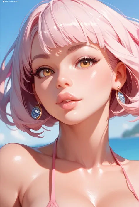 Teenager with golden eyes , full lips, pink white hair that falls down to the middle of her neck and a medium-length fringe.Her voluptuous body ,but very thin in addition to its curves.