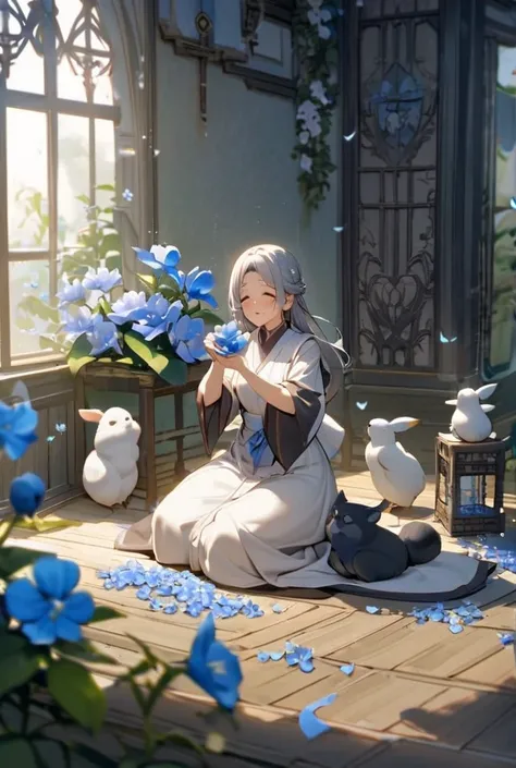 In a fragrant garden,  A blind woman stands with her arms outstretched ,  while gently touching the petals of the flower she met,  The connection between nature and lovely blue flowers in a fragrant garden .Sitting on the floor pose、smile、Small animals tha...