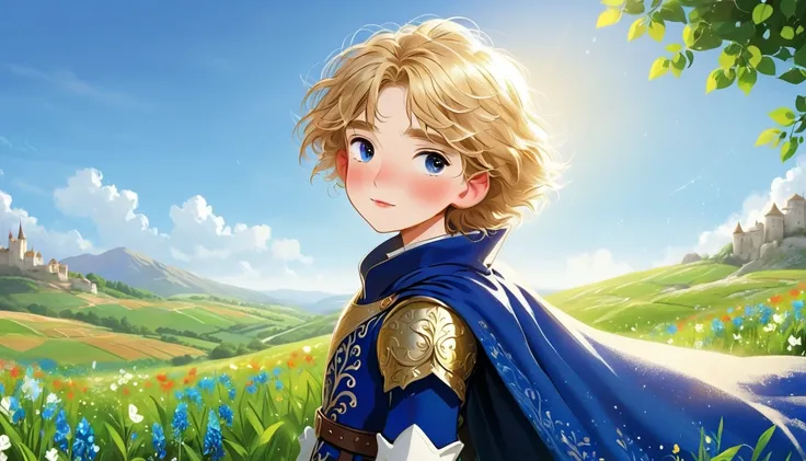 Rough texture，Hand-drawn style：Prince Fabian is a handsome young man, with golden hair shining like the morning sun, bright blue eyes as a clear sky. He has a sharp face full of determination and tenderness. In terms of dress, he wears a shiny steel armor ...