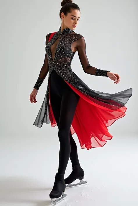 Tenue de patinage artistique ,robe avec col a , robe noir,rouge et blanche ayant un voile pailleter collant sur les bras ,robe descendant mi-cuisse asymetrique,
avec un legging en dessous 