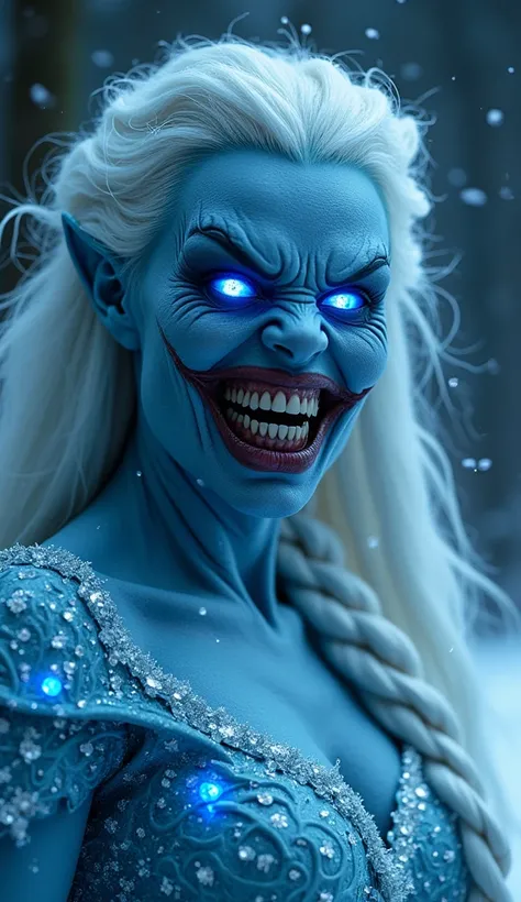 "A dark fantasy ice queen with glowing, piercing blue eyes and a menacing grin filled with sharp, jagged teeth. Her face has a chilling, blue-tinted complexion with icy, wrinkled details giving her an unsettling, sinister look. She has long, platinum-white...