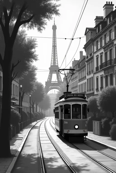 Paris road with effile tower and tram, it should be in portrait 
In black and white looks like some one painted on canvas