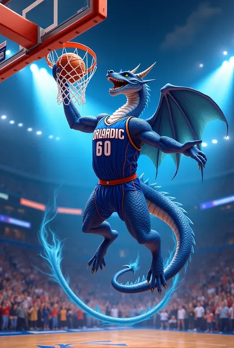 Stuff the Magic Dragon (Orlando Magic )

"Stuff the Magic Dragon do Orlando Magic ,  looking powerful and uniform blue and white , throwing an acrobatic dump .  Her determined expression matches the vibrant setting of a gym filled with fans with lights shi...