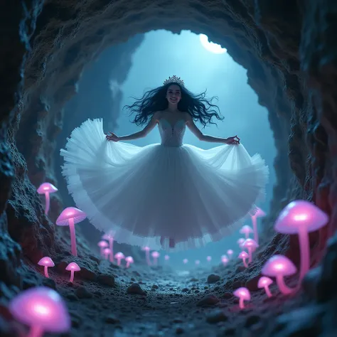 A ghostly pale skin bride with dark eye shadow, ghostly outlook, long wavy black hair as she is flying, in long beauty exaggerate white wedding dress with head lace & few other accessories, that flowy as she is flying in a round tunnel. She is is in happy ...