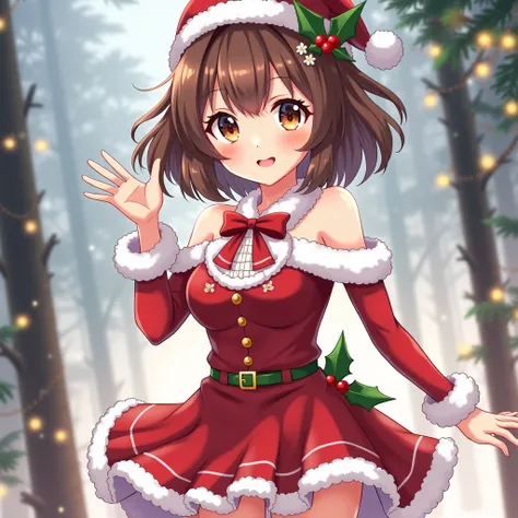  Create an anime-style girl with beautiful perfect shapes and a Christmas costume, she waves and flirts 