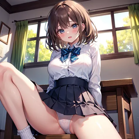 (( top quality)), ((masterpiece)), (  Details), ( super high resolution )、 cute girl、 very young 、solo、
(Brown Hair、 medium hair 、)、 very big breasts、
 perfect face、 perfect body、Perfect Hair、超 Detailsな肌、超 Detailsな瞳、
( collared shirt 、 bow tie 、 pleated sk...