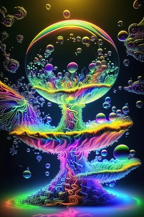  Light is emerging from colors in a psychedelic dream, shimmering glass morphing out of colors, tripped out vibrant colors, perfectly formed beautiful reflective bubbles, attention to detail on the bubbles and spheres, beautiful psychedelic digital art, pi...