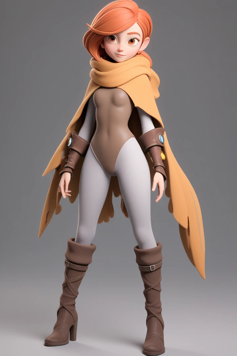 pixarstyle, 3d blender render, 1girl, hero, home made costume with a cape made from a large scarf, leotard, leggings and long boots, muted colours