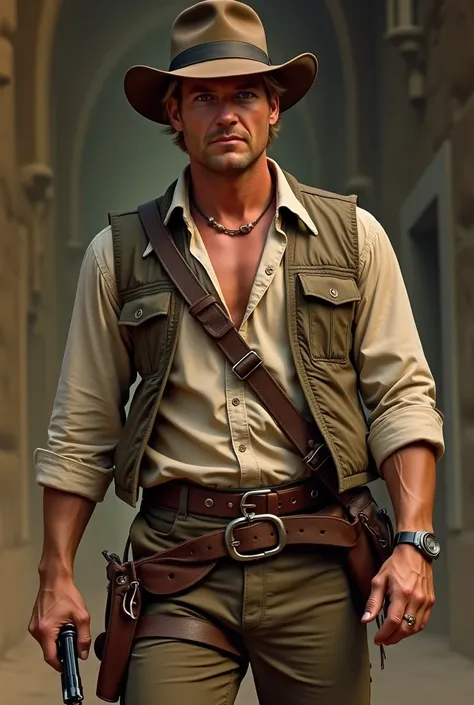 32-year-old adult ,   treasure hunter clothing, leather hat,  revolver in hand , waist whip  ,  Blue eyes,   short blond hair , Caucasian,  realistic ,   Best Quality  ,   high resolution  , man, strong,   1980s ,  Indiana Jones clothing 