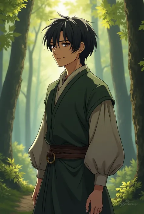  Anime character , anime style, guy walks through the woods,  black hair,  brown eye ,  modest smile , simple clothes,   medieval clothing,  beautiful hands ,  beautiful eyes ,  вьющийся  black hair, густые  black hair,   detailed face,  fair skin 