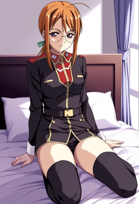  1 girl、Chisame 、 、 orange hair、 side lock、 dark eyes、 ponytail、ロー ponytail、Round Glasses、 long hair on background、score_9、 score_8_up、 score_7_up、{{{{  titan costume  }}}}、uniform、  Long Sleeve  、、 black thigh high socks、Knee Boots、 bed in blackroom、  clo...