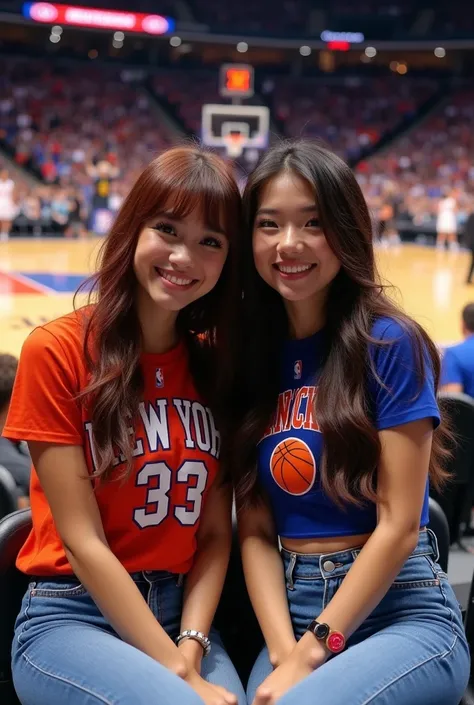 Here’s a detailed image prompt based on your description:

**Short Prompt (500 characters):**  
Two young, attractive women sit courtside at a New York Knicks basketball game. One has long, dark cherry-red, slightly wavy hair with bangs, wearing a New York...