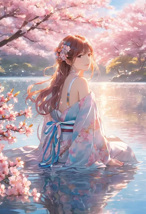 A stunning anime-style illustration of a young girl sitting on the edge of a crystal-clear lake, surrounded by lush, vibrant cherry blossom trees in full bloom. Her hair is long, silky, and a soft pastel pink, flowing gently in the breeze. She wears a deli...