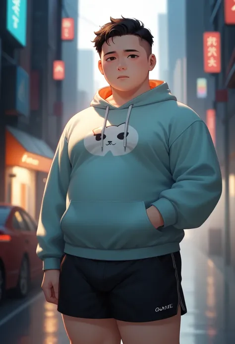 Dragon,male, adult, chubby,round belly,yaoi, doujin,wearing stylish sweatshirt, Shorts, cyberpunk big city, summer vibes, detail background, out view scale, pixiv artwork,hd,4k, colour full, smooth lighting, Ghibli style,artwork by quanjiang, by chunie, by...