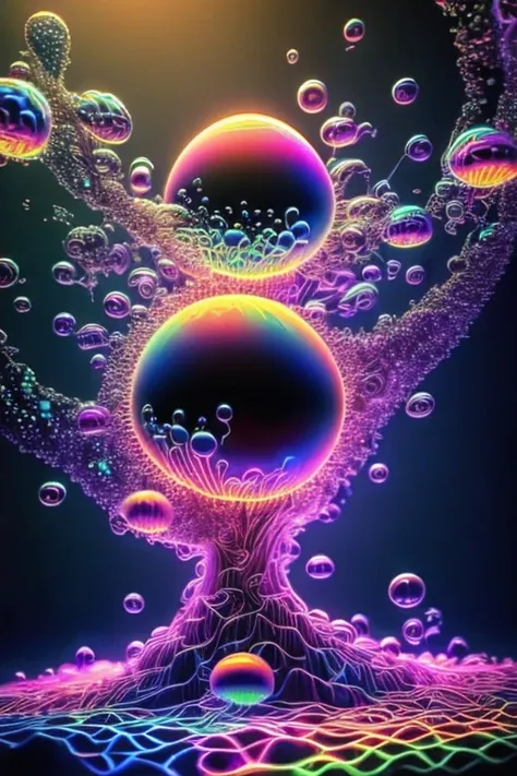  Light is emerging from colors in a psychedelic dream, shimmering glass morphing out of colors, tripped out vibrant colors, perfectly formed beautiful reflective bubbles, attention to detail on the bubbles and spheres, beautiful psychedelic digital art, pi...